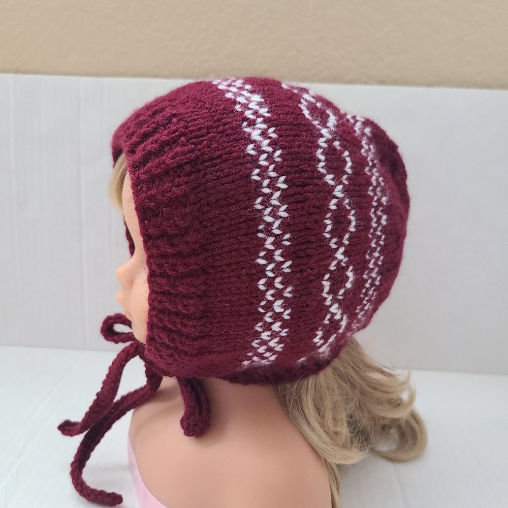 Baby Infant Girl Knit Hat Bonnet Purple Whit Front Tie Handmade Size 7-10 Month